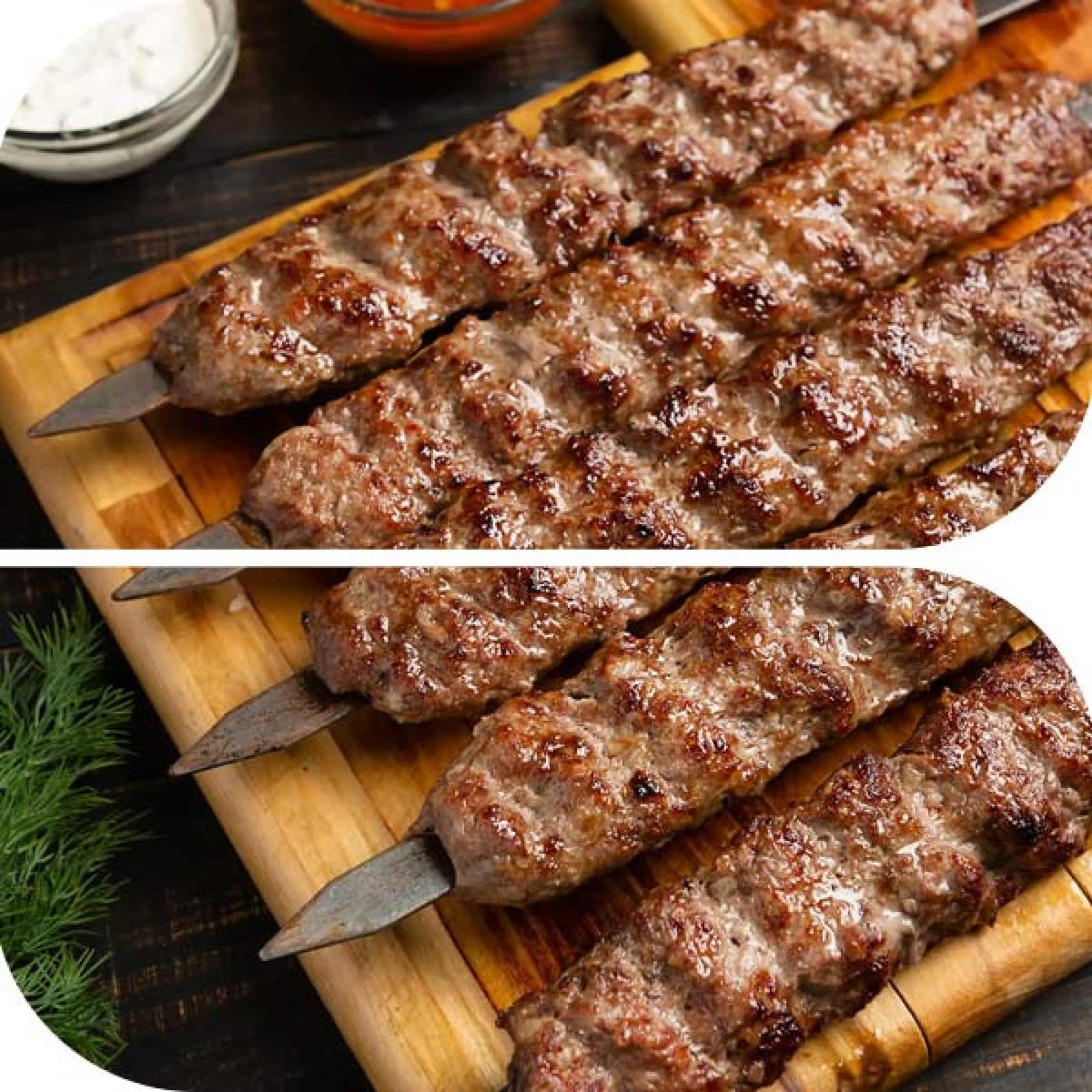 A Persian table spread with saffron rice, grilled kababs and fresh herbs